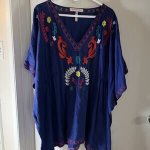 Nanette Lepore Blue Sz M Caftan Cover-Up Dress Embroidered V Neck Boho Beach